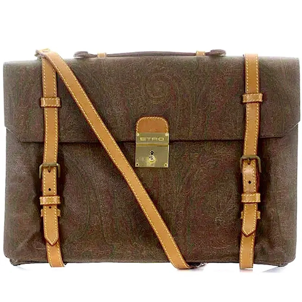 ETRO MILANO Paisley Document Holder Crossbody Messenger Bag Vachetta Leather